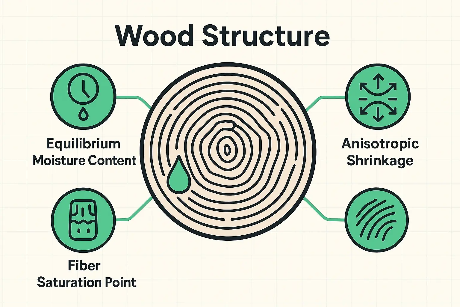 This diagram explains how moisture interacts at the cellular level of wood, illustrating key scientific concepts that cause wood movement due to humidity changes.