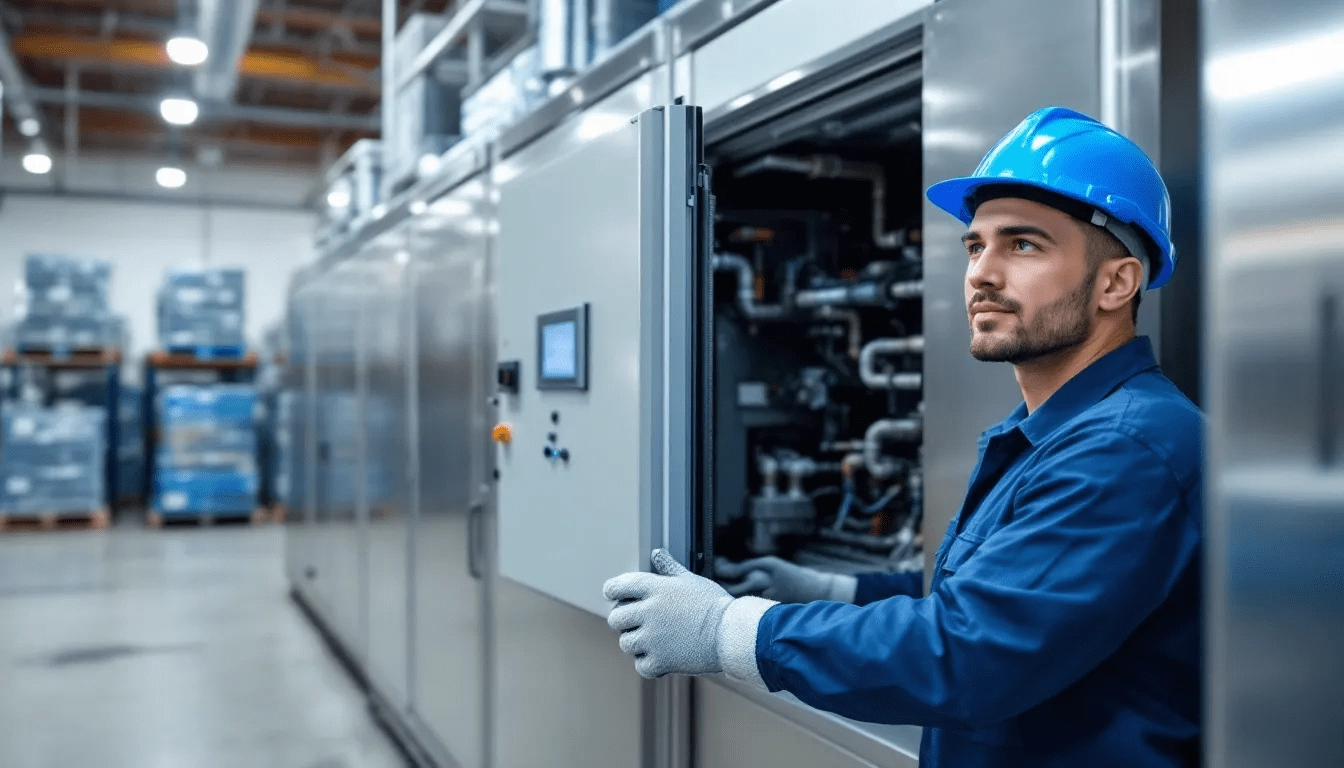 A technician is performing maintenance on cold storage refrigeration equipment, ensuring optimal temperature settings and air circulation for effective cold storage conditions. This maintenance is essential for preserving the quality and freshness of stored fruits and vegetables.