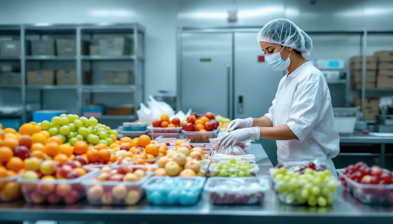 In the image, fresh fruits like apples and pears are being carefully prepared and packaged for cold storage, ensuring they maintain their quality and nutritional value. The scene highlights the importance of proper packaging and cold storage conditions to extend the storage life of these high-quality produce items.