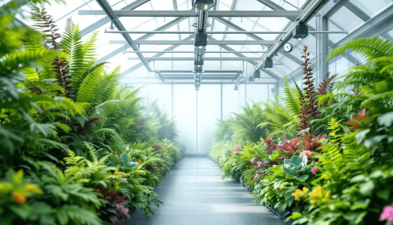 The image depicts the interior of a modern greenhouse filled with lush tropical plants, showcasing advanced humidification systems and climate control equipment designed to maintain ideal temperature and humidity levels for healthy plant growth. The environment is carefully monitored with sensors and automated systems to ensure optimal growing conditions for the crops.