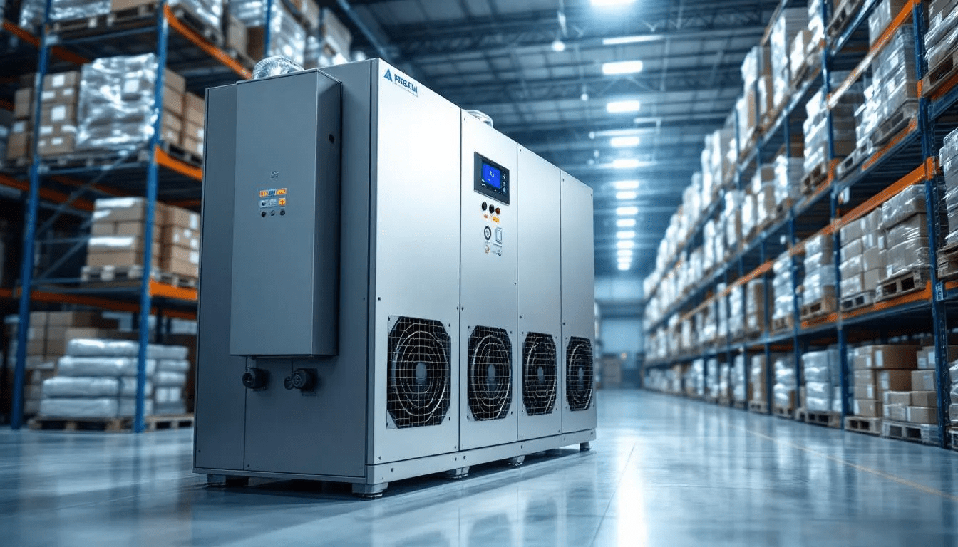 The image shows a professional dehumidifier system installed in a large climate-controlled storage facility, effectively managing humidity levels to protect stored items from excess moisture and mold growth. This setup ensures a stable environment, maintaining proper humidity levels and safeguarding belongings in enclosed storage spaces.