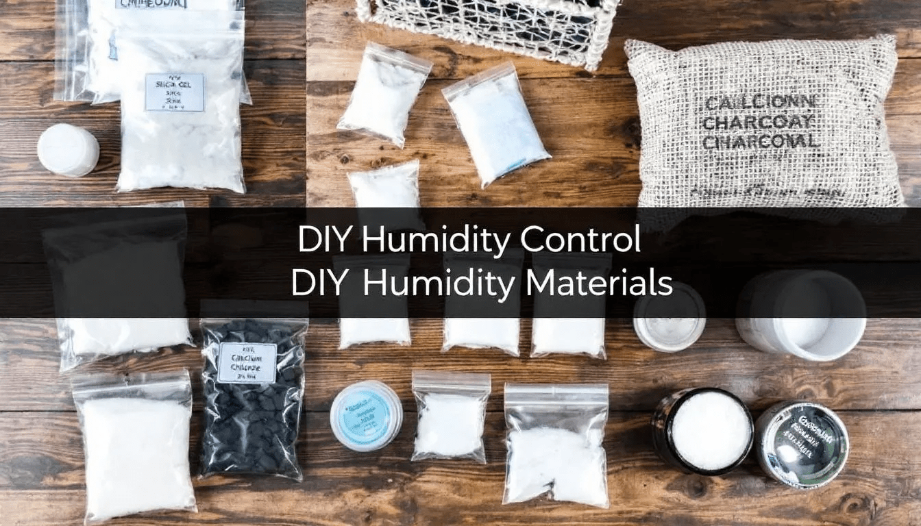The image shows a variety of DIY humidity control materials, including silica gel packets, calcium chloride containers, and charcoal bags, neatly arranged on a table. These items are essential for maintaining proper humidity levels in storage areas, helping to absorb excess moisture and protect stored items from mold growth and deterioration.