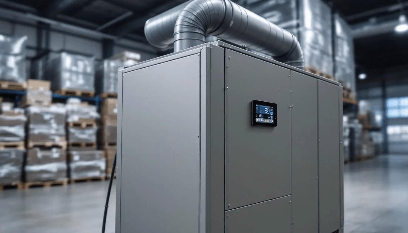 A large commercial dehumidifier unit is installed in a climate-controlled storage facility, featuring ducting and monitoring equipment to effectively absorb excess moisture and maintain proper humidity levels. This setup ensures a stable environment for stored items, protecting them from mold growth and deterioration in enclosed spaces.