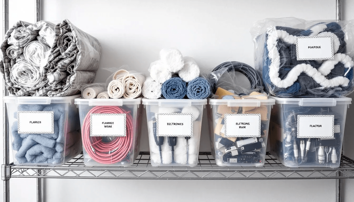 The image features a close-up view of various storage containers made from different materials, each demonstrating proper packaging techniques to ensure items remain in pristine condition. The focus is on maintaining proper humidity levels and protecting stored belongings from excess moisture and mold growth in climate-controlled storage units.