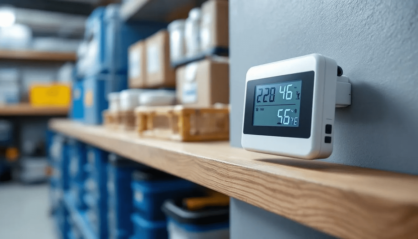 The image shows a digital hygrometer displaying current humidity and temperature readings within a climate-controlled storage unit, highlighting the importance of maintaining proper humidity levels to protect stored items from mold growth and deterioration. This device is essential for monitoring and controlling humidity levels in enclosed spaces, ensuring a stable environment for valuable belongings.