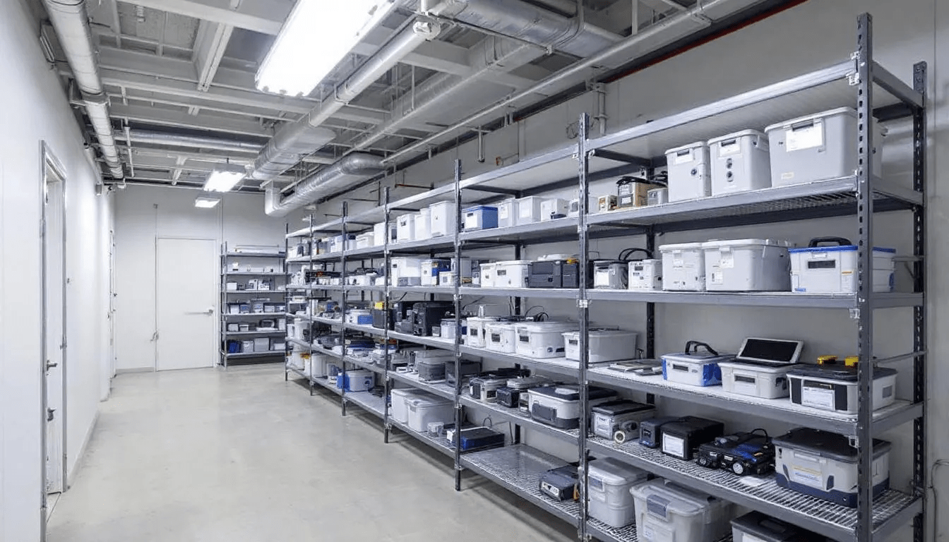 The image depicts the interior of a climate-controlled storage unit, featuring monitoring equipment and climate control systems designed to maintain proper humidity levels and temperature. This ensures that stored items, such as clothing and electronics, are kept in pristine condition, reducing the risk of mold growth and deterioration.