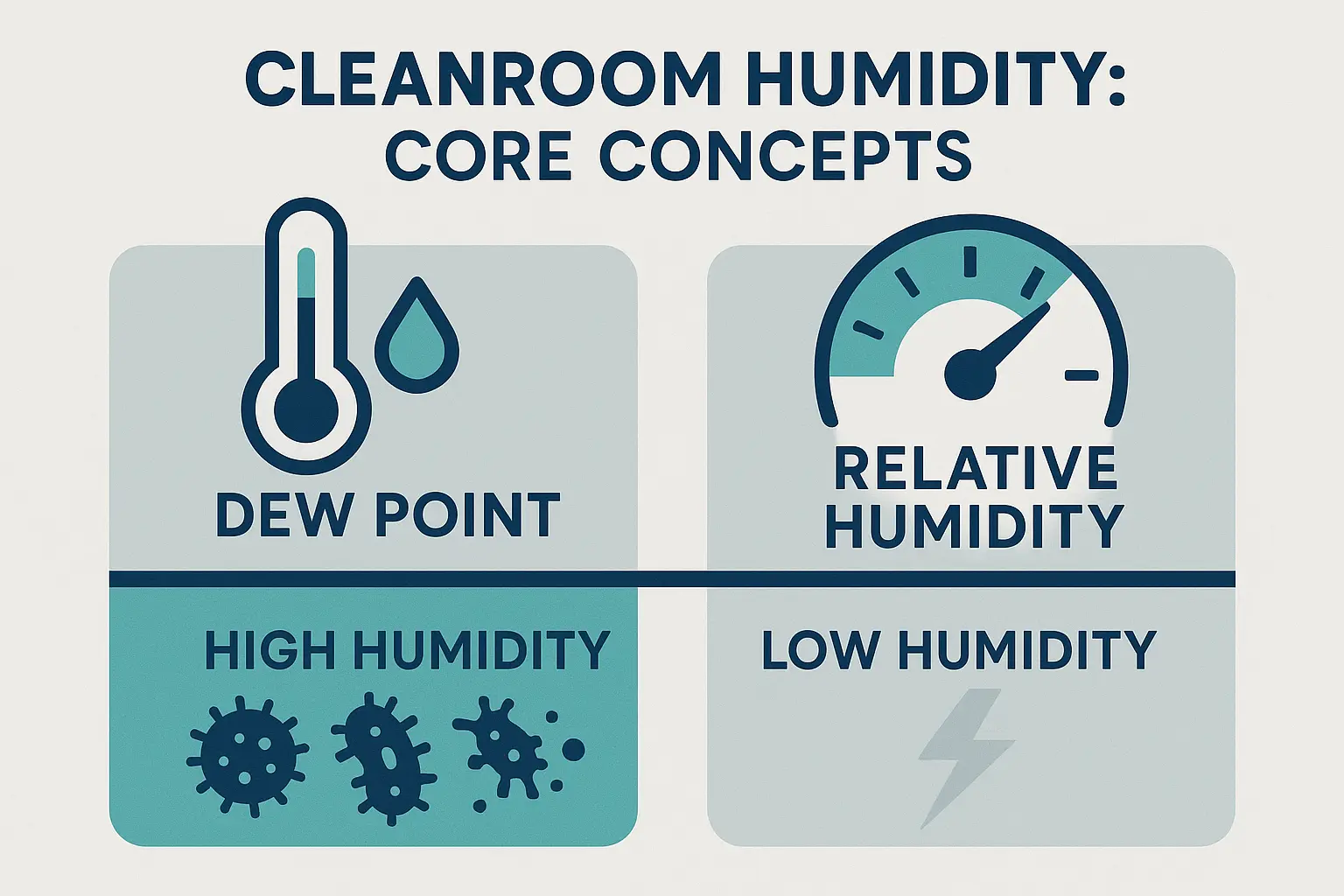 Beyond the HEPA Filter: The Definitive Guide to Integrating Humidification with Cleanroom HVAC 1 An infographic showing a scale of relative humidity. On the low end (below 30%), icons represent electrostatic discharge and airborne particles. On the high end (above 60%), icons represent microbial growth and corrosion. The middle range (30-50%) is highlighted as the 'Optimal Zone' for safety and product integrity.