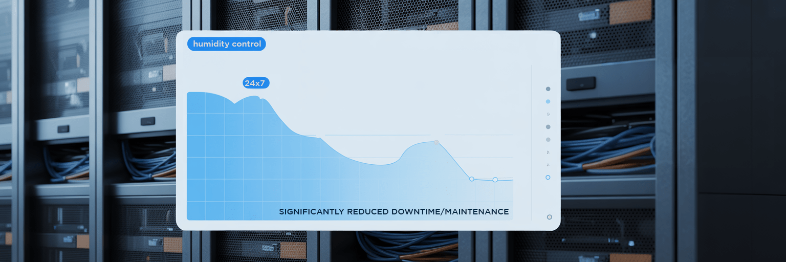 Diagram showing reduced downtime and maintenance needs due to stable humidity (no static, no mold) in a factory
