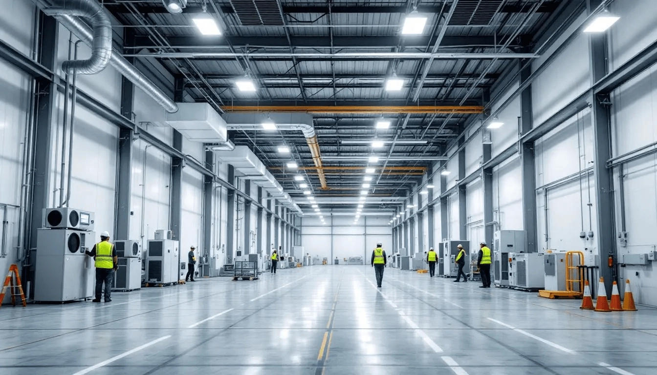 Industrial Humidity Control System: Complete Guide for Manufacturing Facilities 1 The image depicts a modern industrial facility equipped with advanced humidity control systems, showcasing integrated dehumidification and humidification equipment designed to maintain stable humidity levels. This setup is essential for ensuring proper indoor air quality and controlling excess moisture, which is crucial for various industries, including manufacturing and pharmaceuticals.