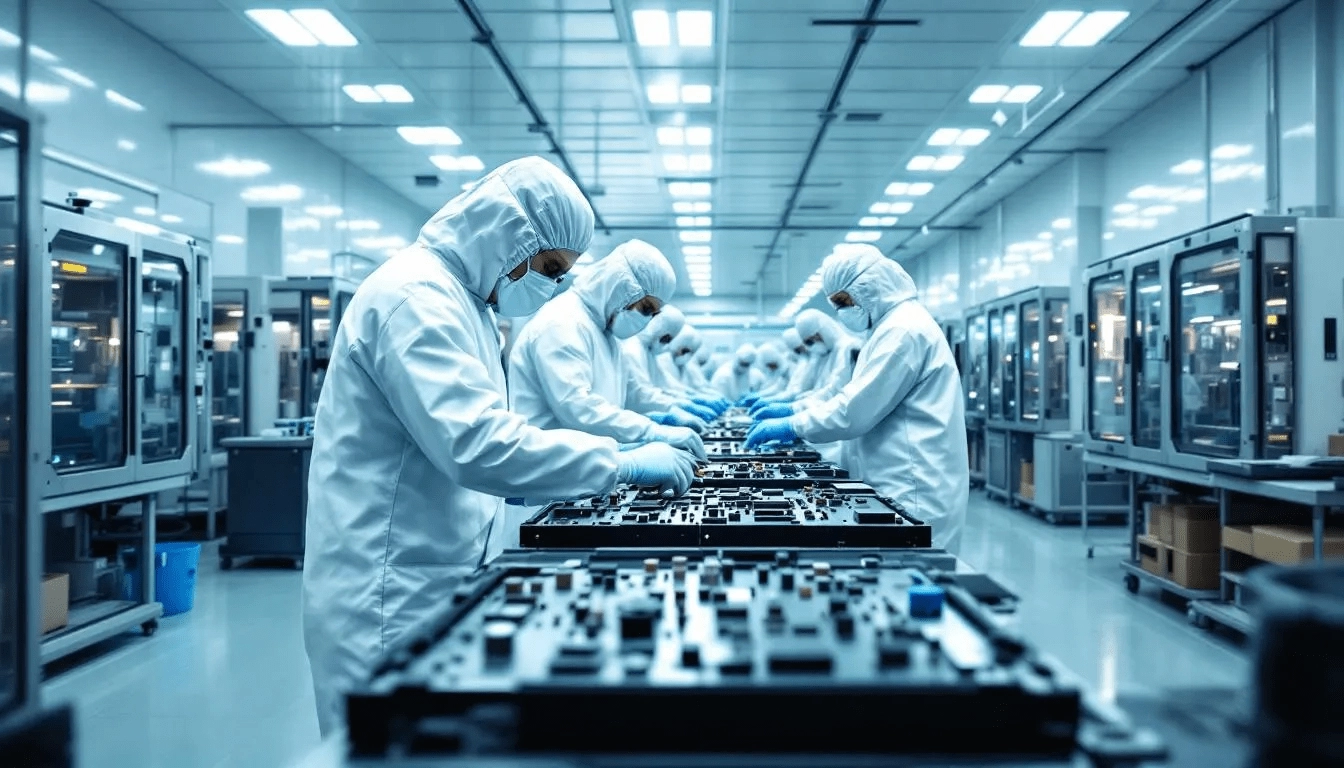 Industrial Humidity Control System: Complete Guide for Manufacturing Facilities 3 The image depicts workers in a controlled environment manufacturing facility, where they are engaged in processes that require precise humidity control systems to maintain stable humidity levels. This ensures optimal indoor air quality and product quality while minimizing issues related to static electricity and excess moisture.