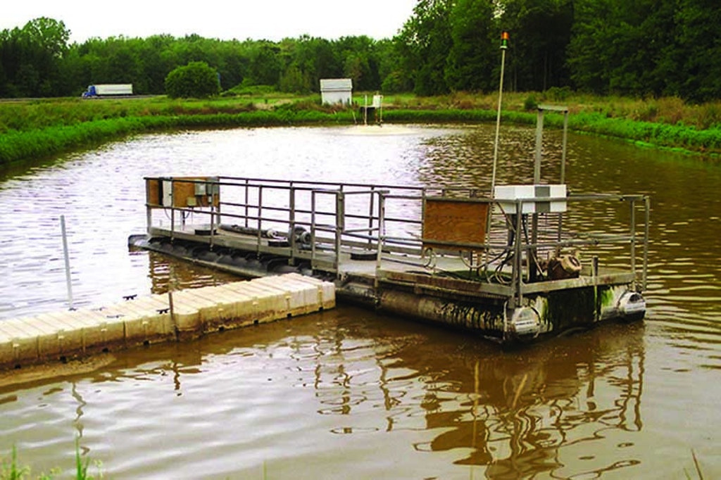 Floating platform on a calm waterway.