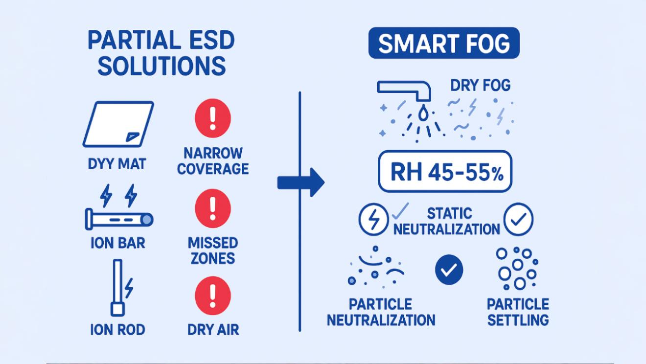 Why Static is the Hidden Contamination Risk in Pharmaceutical Manufacturing — and How Real Humidity Control Fixes It 2 Smart Fog Controls Static at the Environment Level