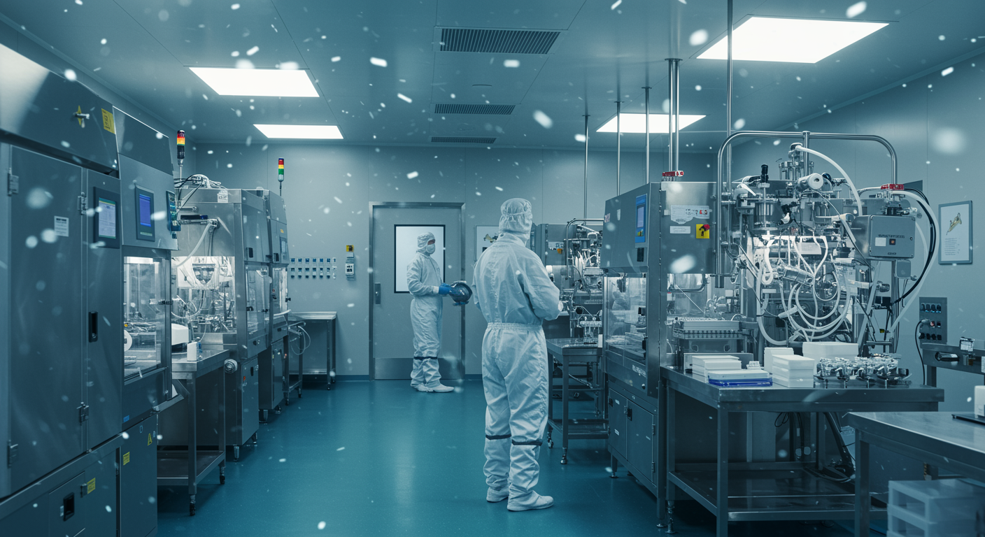 a group of people in white protective suits in a factory