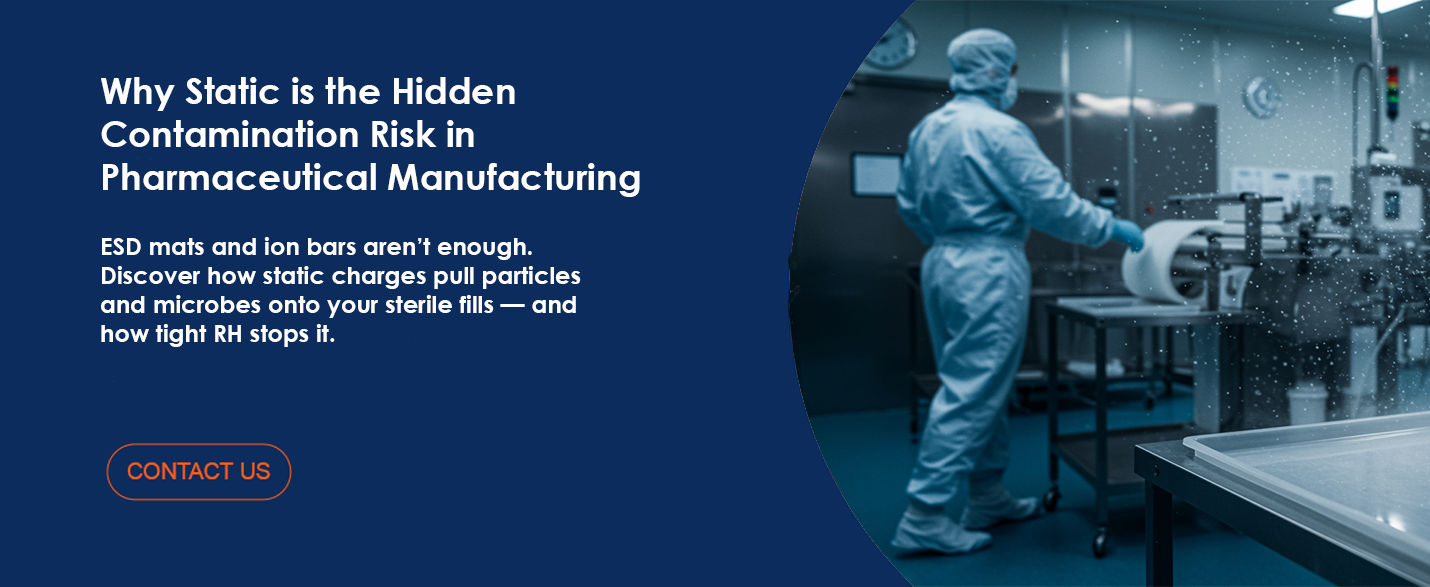 Why Static is the Hidden Contamination Risk in Pharmaceutical Manufacturing — and How Real Humidity Control Fixes It 4 a man in a white protective suit