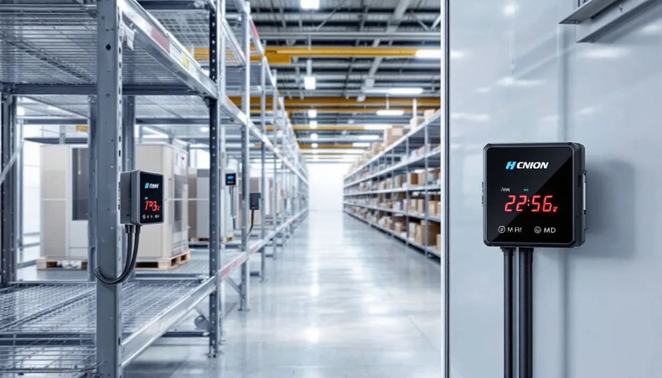 In the image, temperature and humidity monitoring sensors are prominently displayed within a commercial cold storage facility, designed to maintain optimal cold storage conditions for fruits and vegetables. These sensors help ensure consistent temperature and humidity levels, crucial for preserving the quality and shelf life of fresh produce.