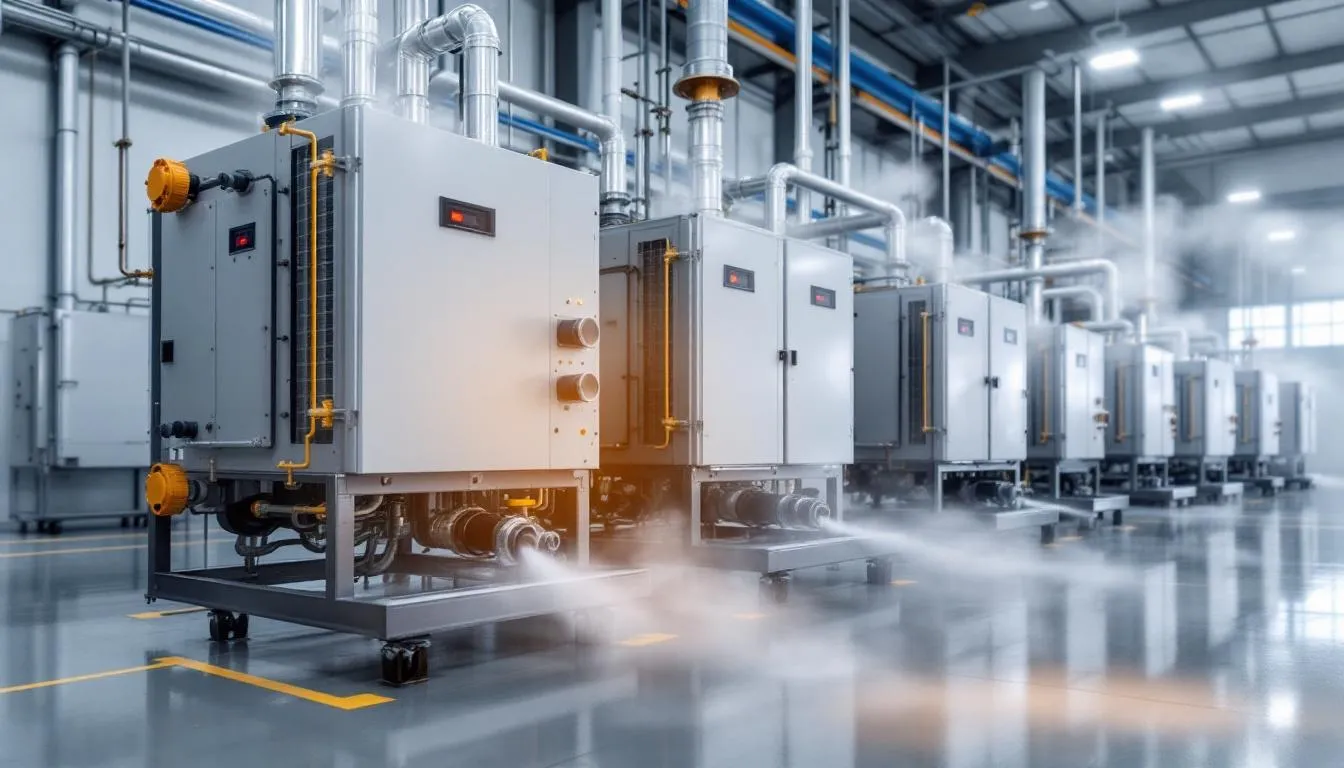 The image depicts various types of industrial humidification equipment in operation, showcasing different humidity control systems designed to maintain stable humidity levels in manufacturing environments. These systems help regulate relative humidity, enhance indoor air quality, and reduce static electricity, contributing to efficient operations across many industries.