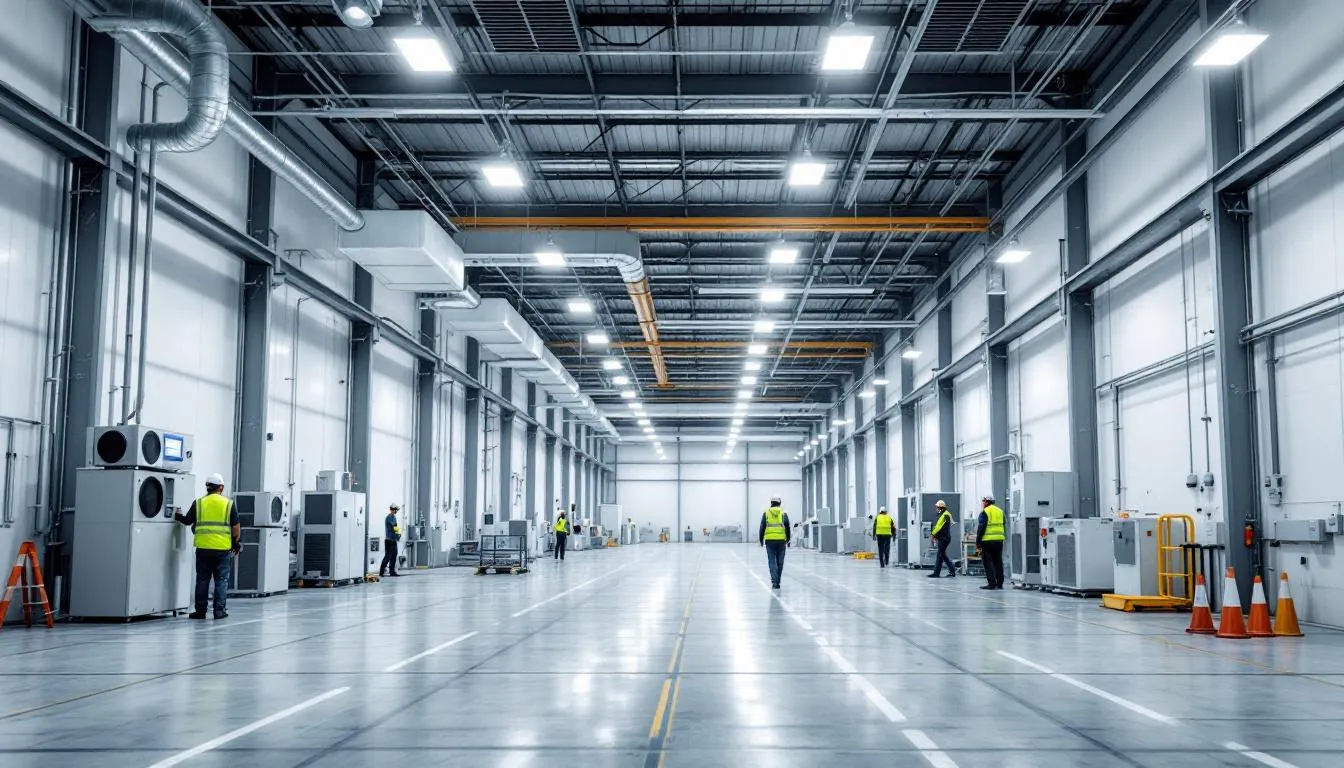 The image depicts a modern industrial facility equipped with advanced humidity control systems, showcasing integrated dehumidification and humidification equipment designed to maintain stable humidity levels. This setup is essential for ensuring proper indoor air quality and controlling excess moisture, which is crucial for various industries, including manufacturing and pharmaceuticals.