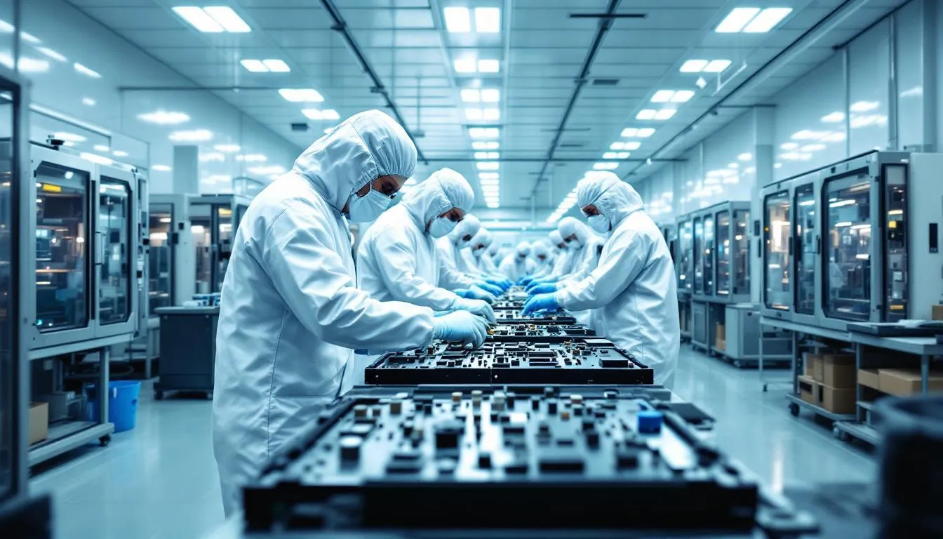 The image depicts workers in a controlled environment manufacturing facility, where they are engaged in processes that require precise humidity control systems to maintain stable humidity levels. This ensures optimal indoor air quality and product quality while minimizing issues related to static electricity and excess moisture.