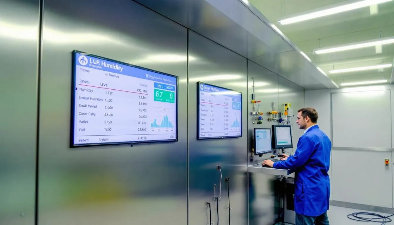 The image depicts a control room equipped with advanced humidity monitoring systems and automation equipment designed for proper humidity control. Various displays show real-time relative humidity levels, ensuring stable humidity levels for optimal indoor air quality and efficient operation in industrial applications.