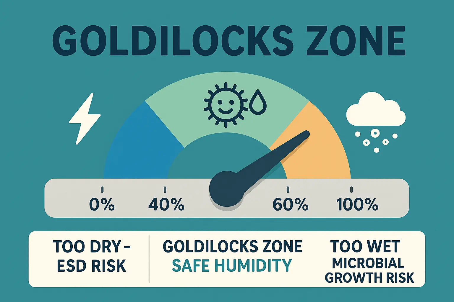 The Silent Contaminant: A Guide to Preventing Microbial Growth in Cleanrooms with Humidity Control 1 The 'Goldilocks Zone' concept visualized: maintaining cleanroom humidity between 40% and 60% relative humidity balances microbial prevention and static control for safer, cleaner environments.