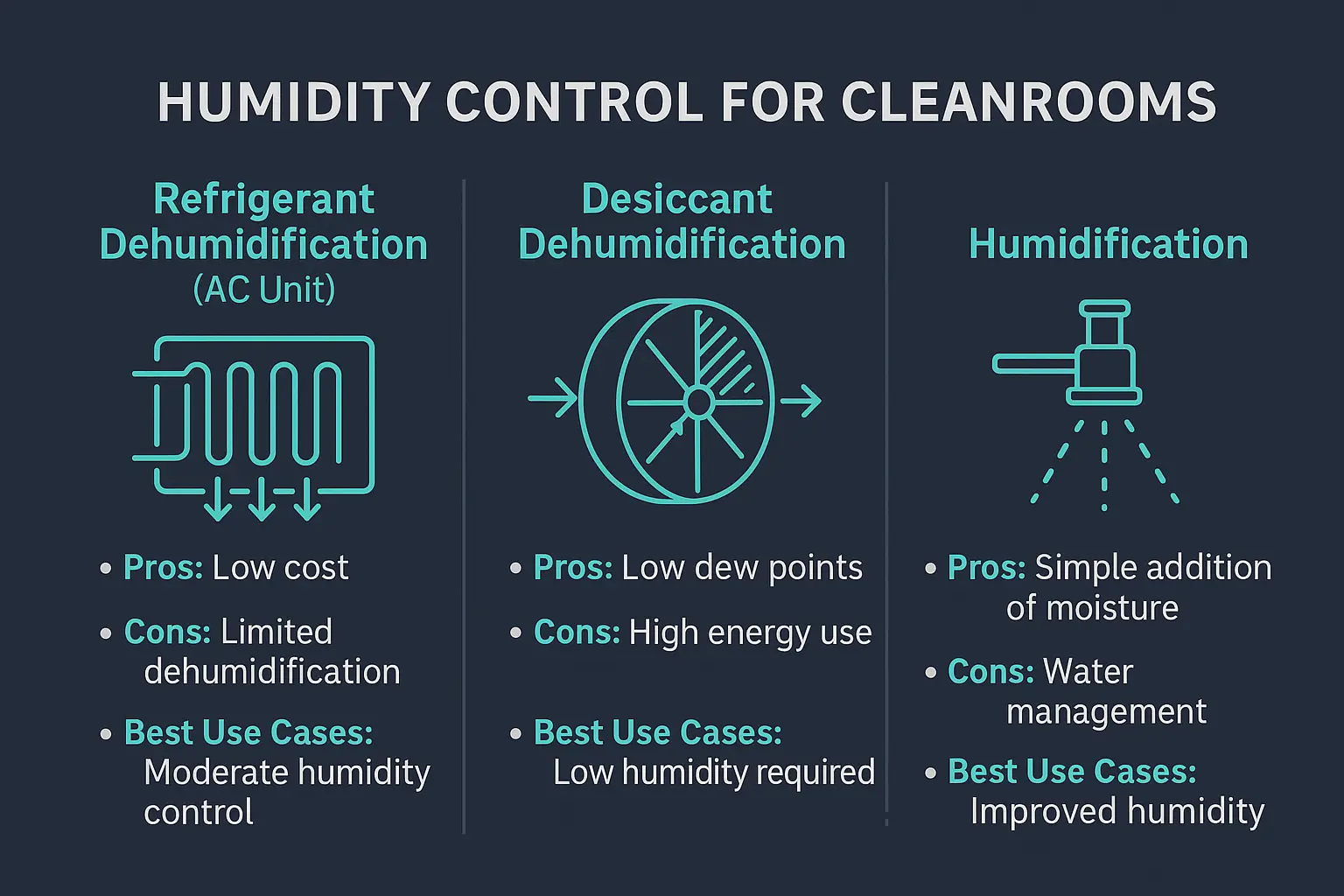 The Silent Contaminant: A Guide to Preventing Microbial Growth in Cleanrooms with Humidity Control 2 Clear comparison of humidity control methods highlighting how refrigerant, desiccant, and humidification technologies keep cleanroom environments within ideal humidity levels.