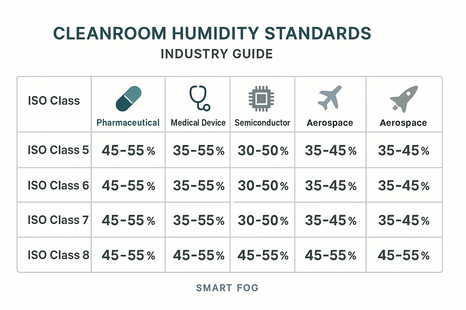 The Silent Contaminant: A Guide to Preventing Microbial Growth in Cleanrooms with Humidity Control 3 A clear, easy-to-remember reference table of humidity standards tailored for different cleanroom classes and industries, bridging standards with practical control goals.