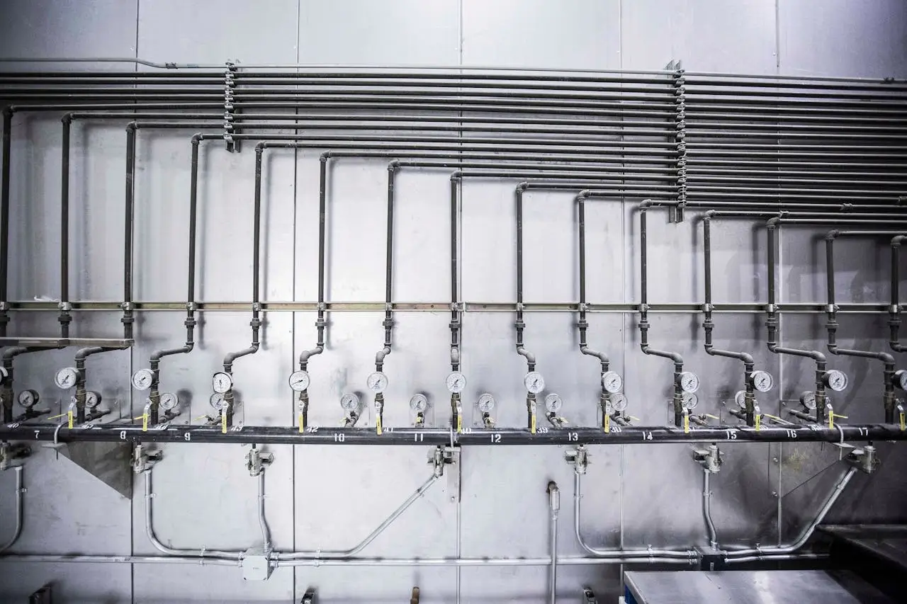 Insights Blog 7 Industrial fog humidification system with stainless steel pipe manifolds and precision nozzle headers installed across a commercial facility wall.