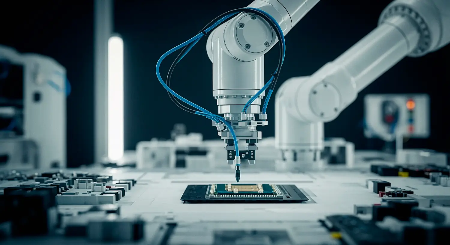 Insights Blog 2 Automated PCB assembly with robotic arm handling electronic components, highlighting environments where humidity control helps prevent static buildup.