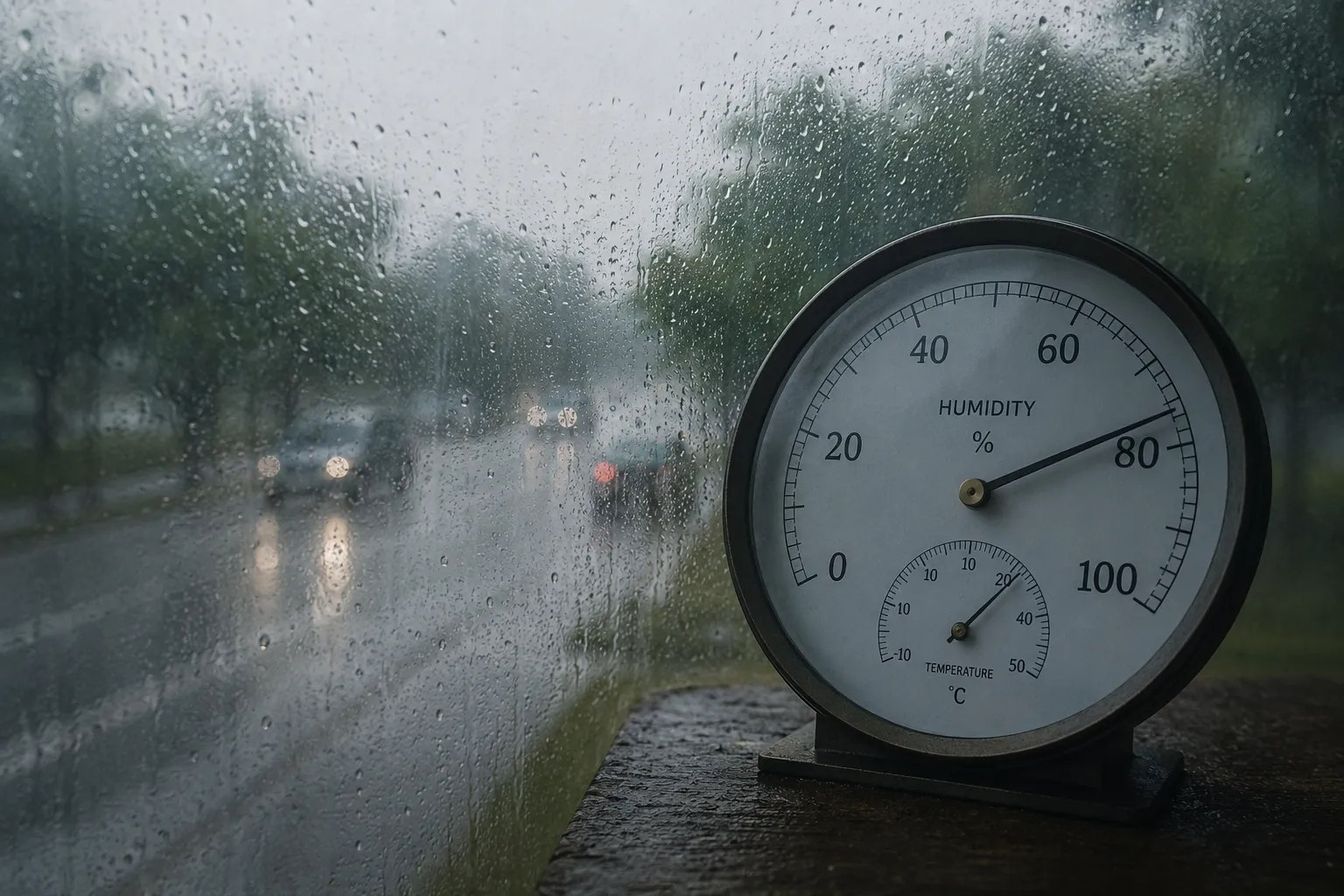 Insights Blog 9 A realistic close-up of a humidity gauge sitting beside a rain-covered window during a stormy day, with blurred cars and wet streets in the background, illustrating how humidity affects weather, rainfall, heat index, and human comfort.