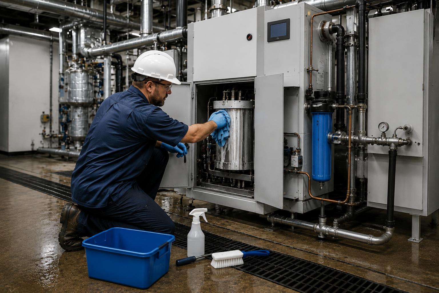 Insights Blog 8 A realistic industrial maintenance technician cleaning a large commercial humidifier system inside a mechanical room, with stainless steel pipes, water filtration components, safety gear, and visible maintenance tools, illustrating professional industrial humidifier cleaning and commercial facility maintenance procedures.