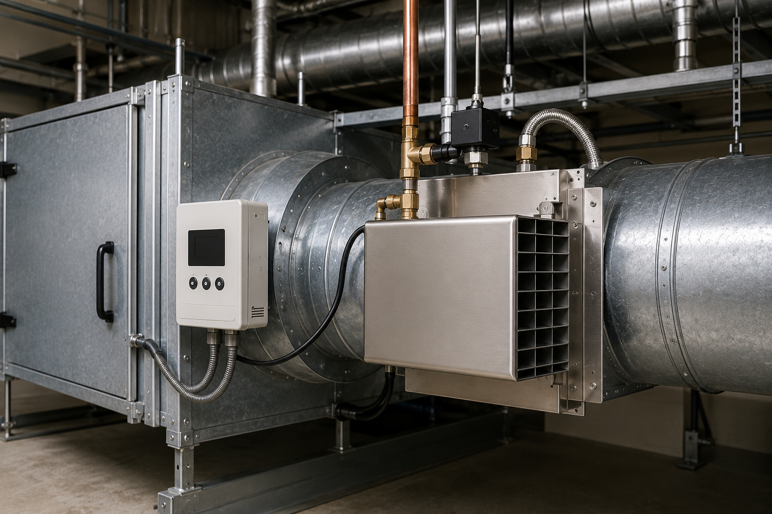 A realistic commercial HVAC system with an in-duct humidifier installed inside large metal ductwork, showing centralized humidity control equipment in an industrial mechanical room environment for whole-building air distribution.