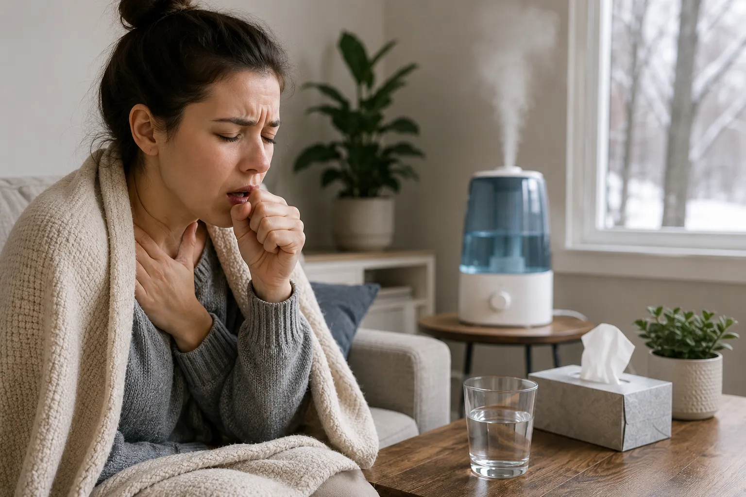 Insights Blog 7 A woman wrapped in a blanket coughing in a dry winter living room beside a running humidifier, illustrating common low humidity symptoms such as dry throat, irritation, and discomfort.