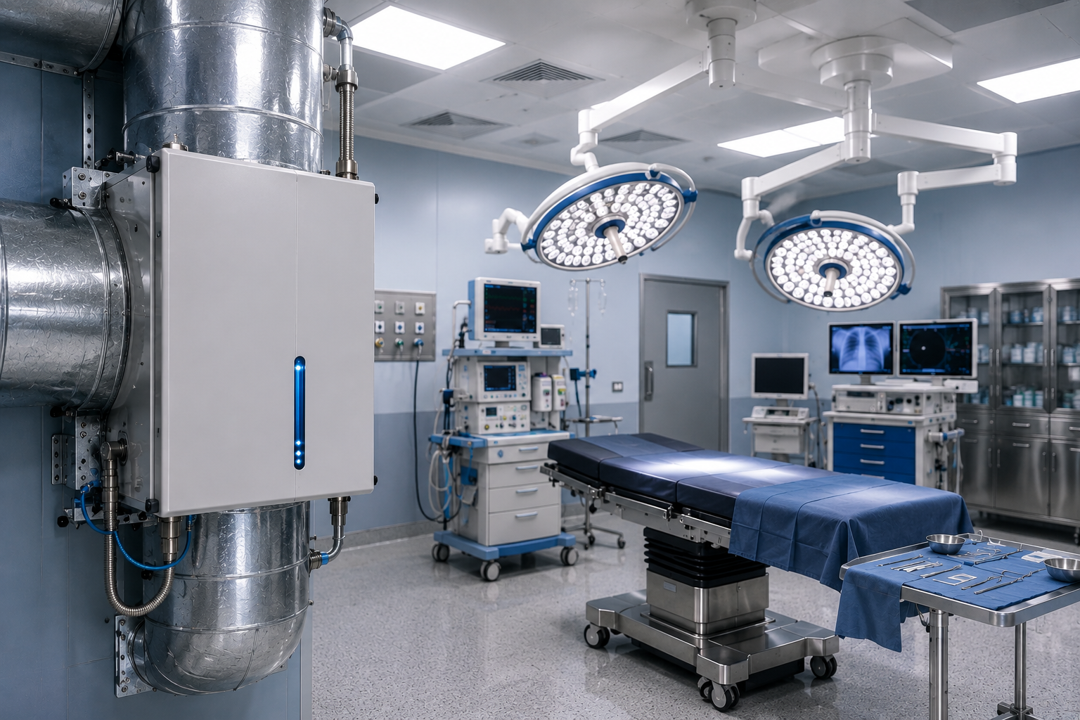 Insights Blog 3 A modern hospital operating room with advanced medical equipment and integrated humidity control system, illustrating a sterile healthcare environment that requires precise medical-grade humidification.