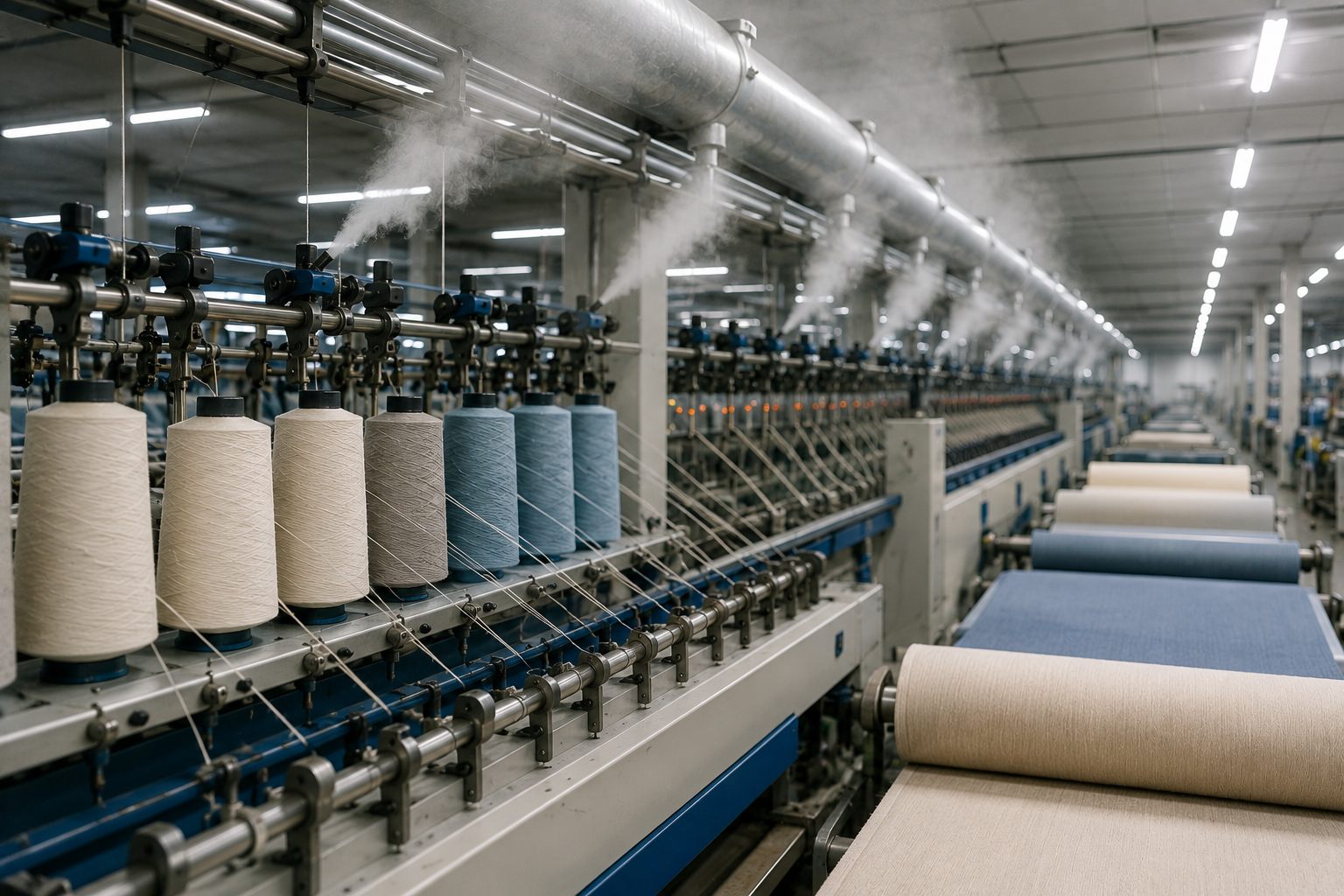 Insights Blog 1 A modern textile manufacturing facility with spinning machines, fabric rolls, and controlled humid air, illustrating humidity management in fabric and fiber production environments.