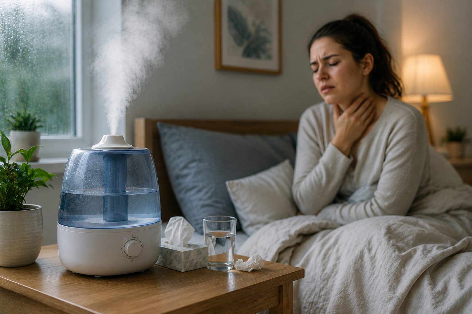 A woman sitting in bed holding her throat in discomfort beside a running humidifier in a cozy bedroom, illustrating possible throat irritation caused by humidifier use.