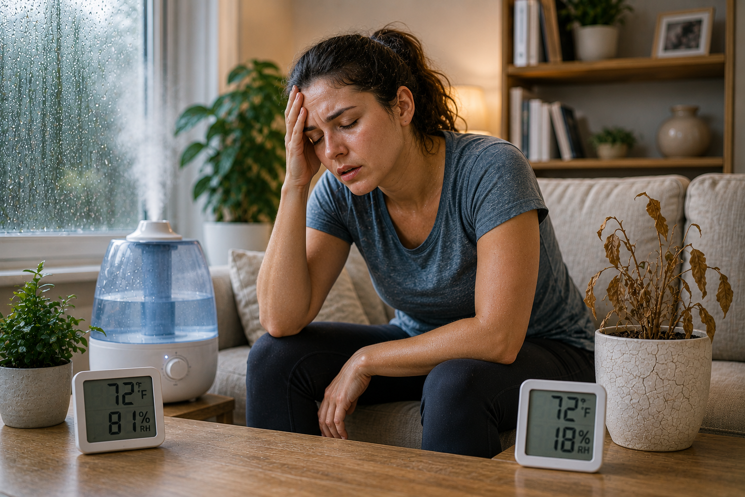Insights Blog 9 A tired woman sitting indoors beside a humidifier with contrasting humid and dry room conditions, illustrating how extreme humidity levels can contribute to fatigue and discomfort.