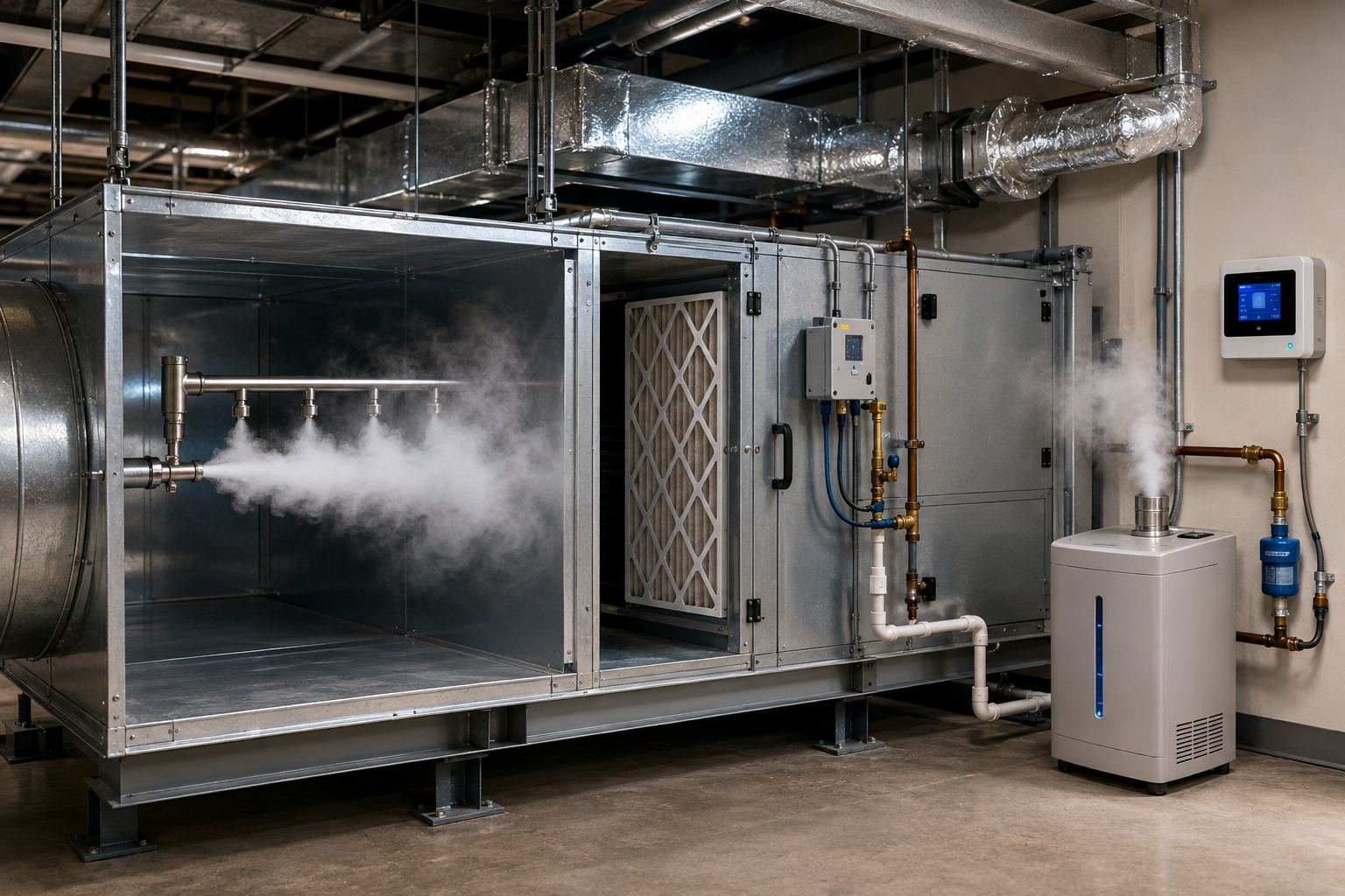Insights Blog 7 A commercial HVAC air handling system with integrated humidification equipment releasing fine mist into large ductwork inside a modern mechanical room, illustrating humidity control in a building ventilation system.
