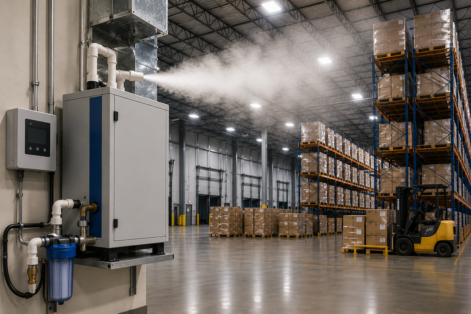 Insights Blog 2 A large commercial warehouse with high ceilings, storage racks, palletized inventory, and a mounted industrial humidification system releasing fine mist to maintain controlled humidity levels throughout the facility.
