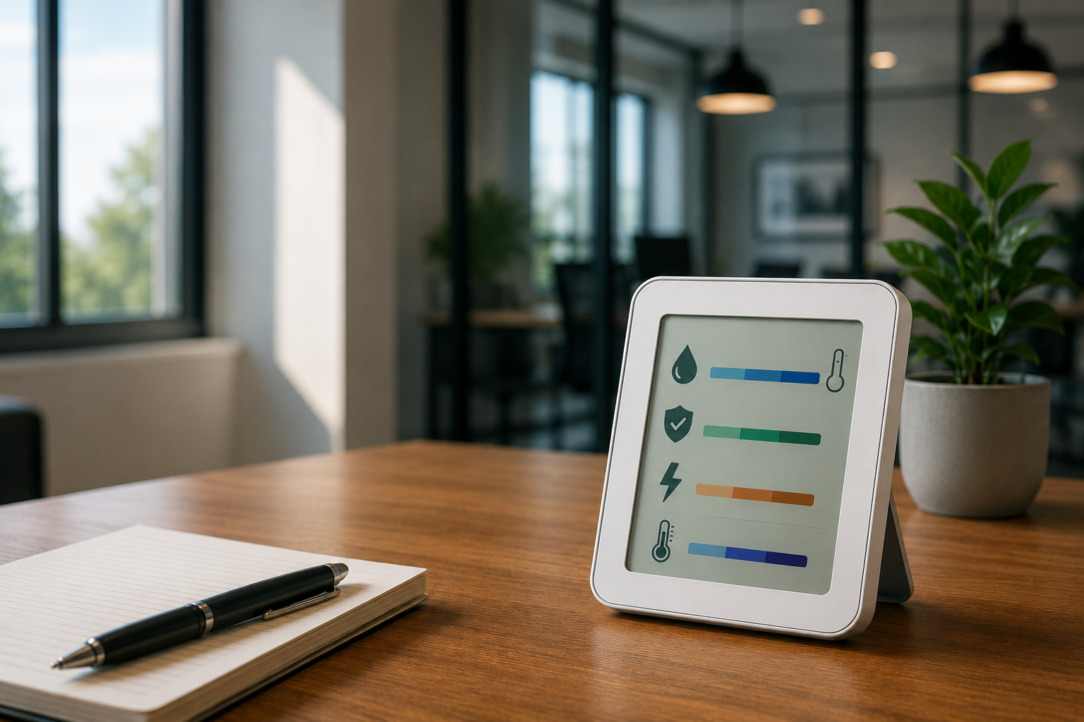 Insights Blog 8 A modern office workspace with a digital humidity and temperature monitor on a wooden desk beside a notebook and potted plant, illustrating indoor ambient humidity monitoring in a professional environment.