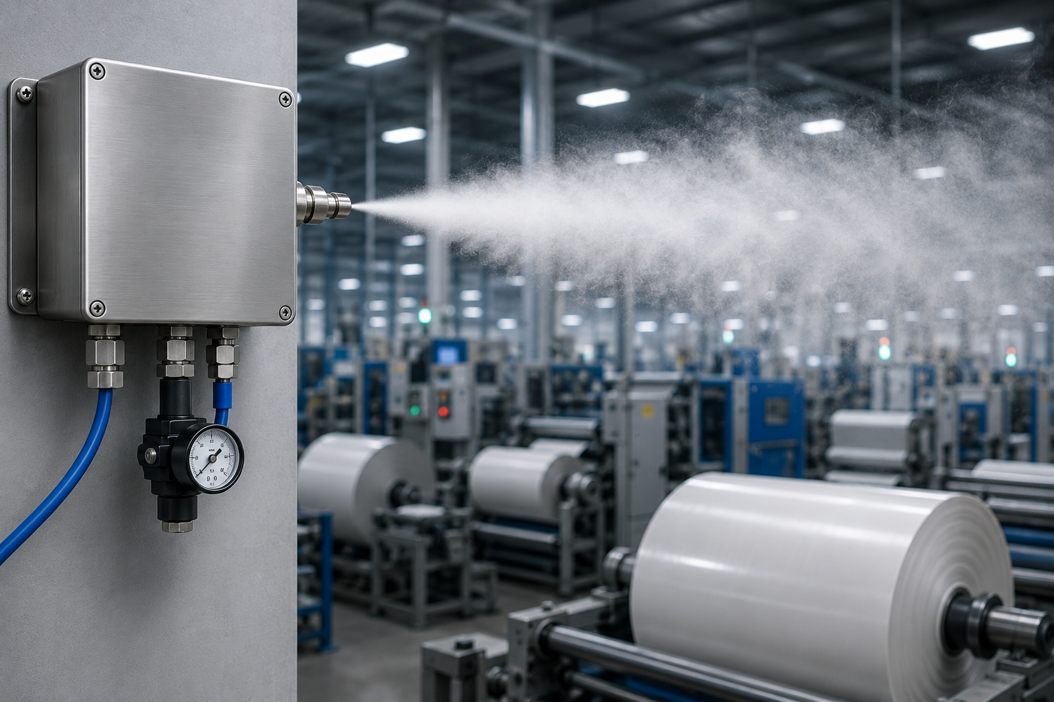 Insights Blog 6 A dry fog humidification system mounted inside an industrial manufacturing facility, releasing a fine self-evaporating mist above production equipment to maintain precise humidity levels without wetting surfaces or materials.