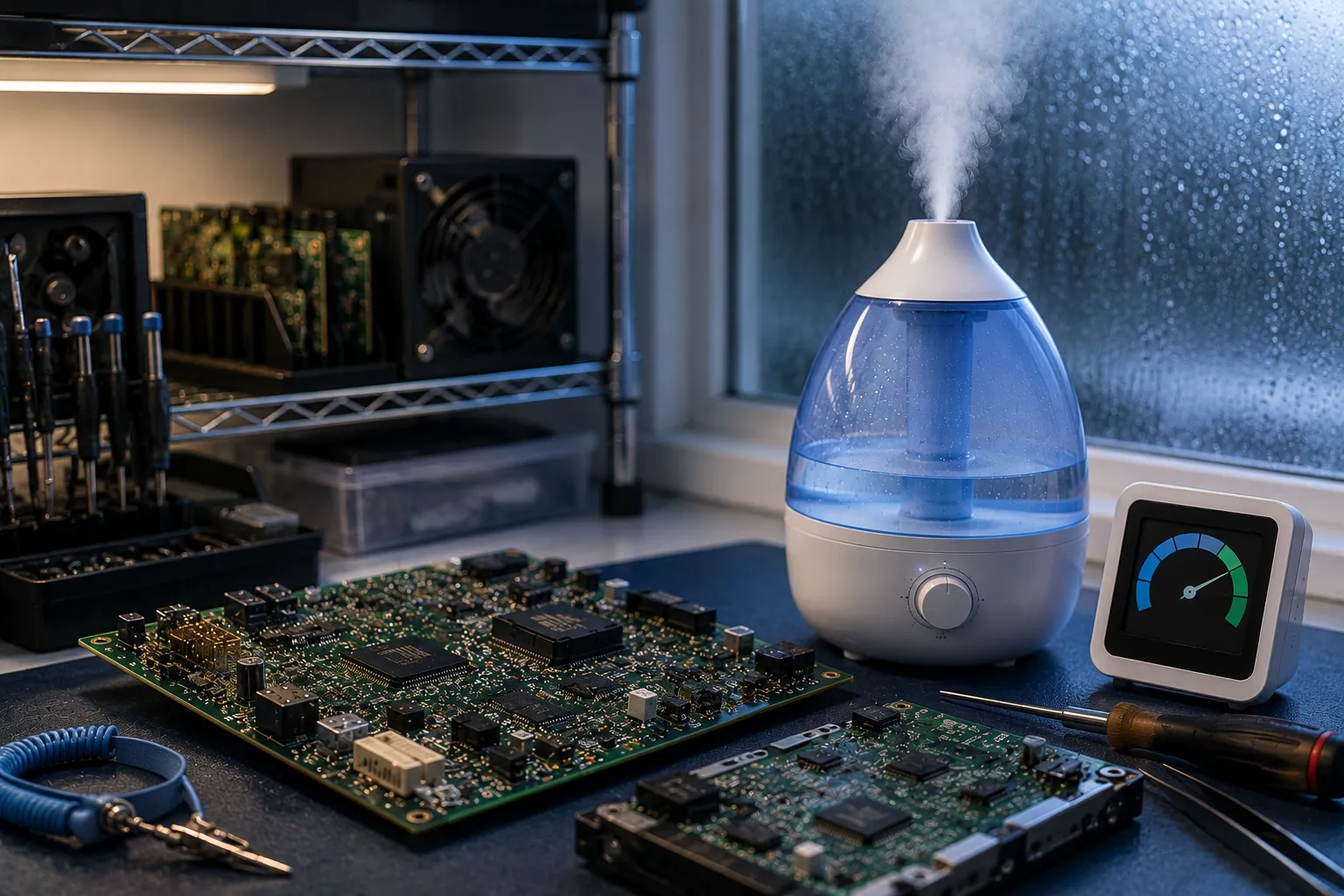 A realistic electronics workstation with exposed circuit boards, humidity monitoring equipment, and a humidifier operating in a climate-controlled environment designed to protect sensitive electronic components.