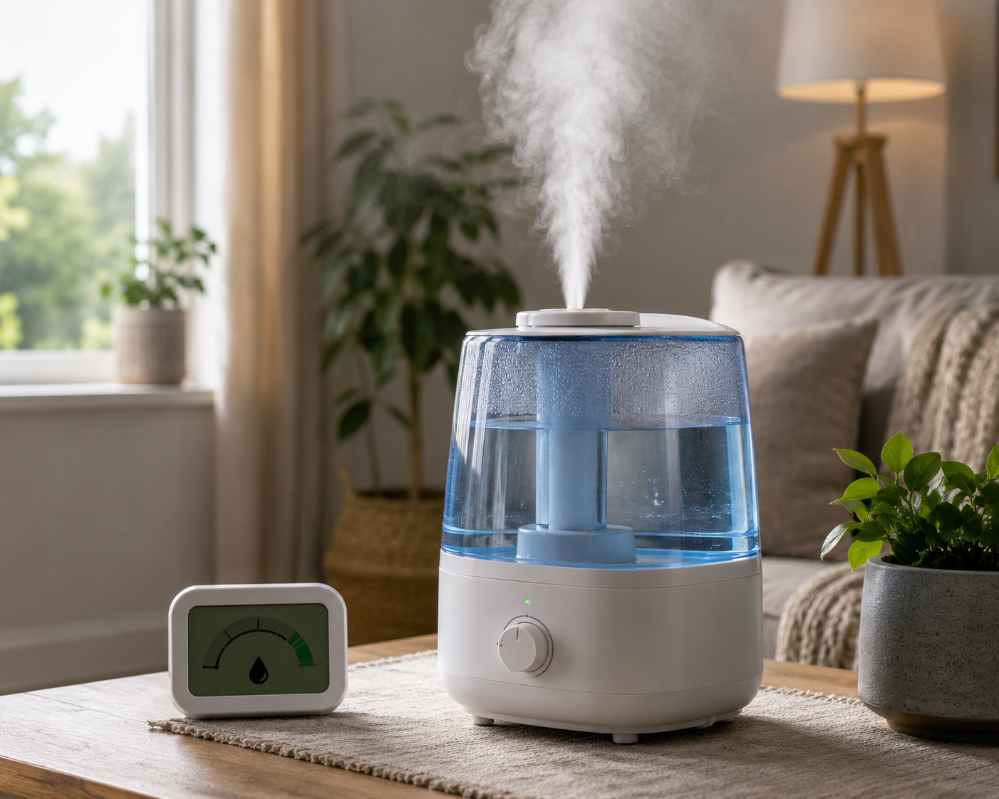A realistic modern living room featuring a humidifier releasing visible mist beside a humidity monitor, illustrating proper indoor humidity control in a calm home environment.