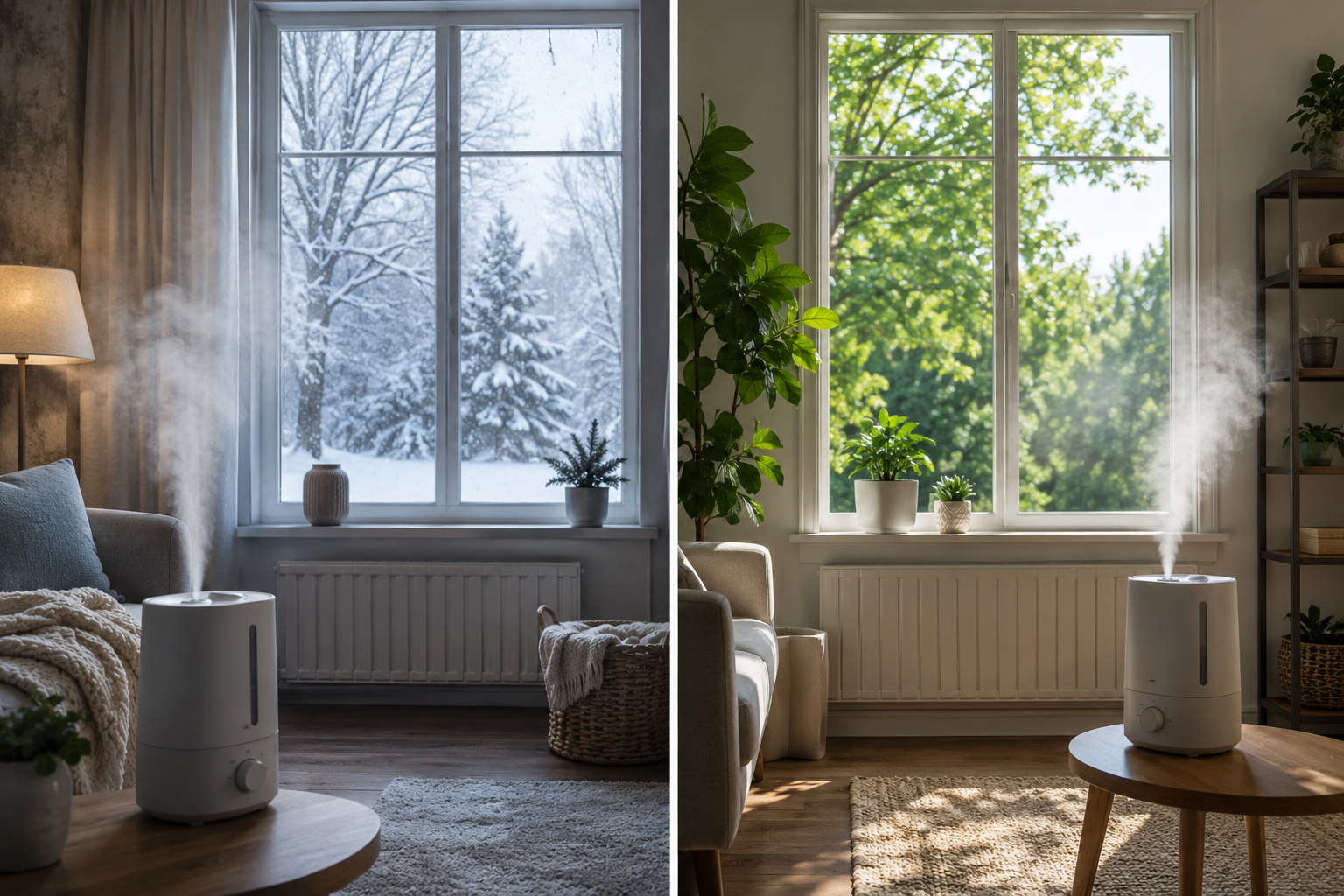 Insights Blog 8 A realistic split-view home interior showing dry winter conditions with snowy outdoor scenery on one side and warm summer humidity with lush greenery on the other, illustrating seasonal indoor humidity differences.