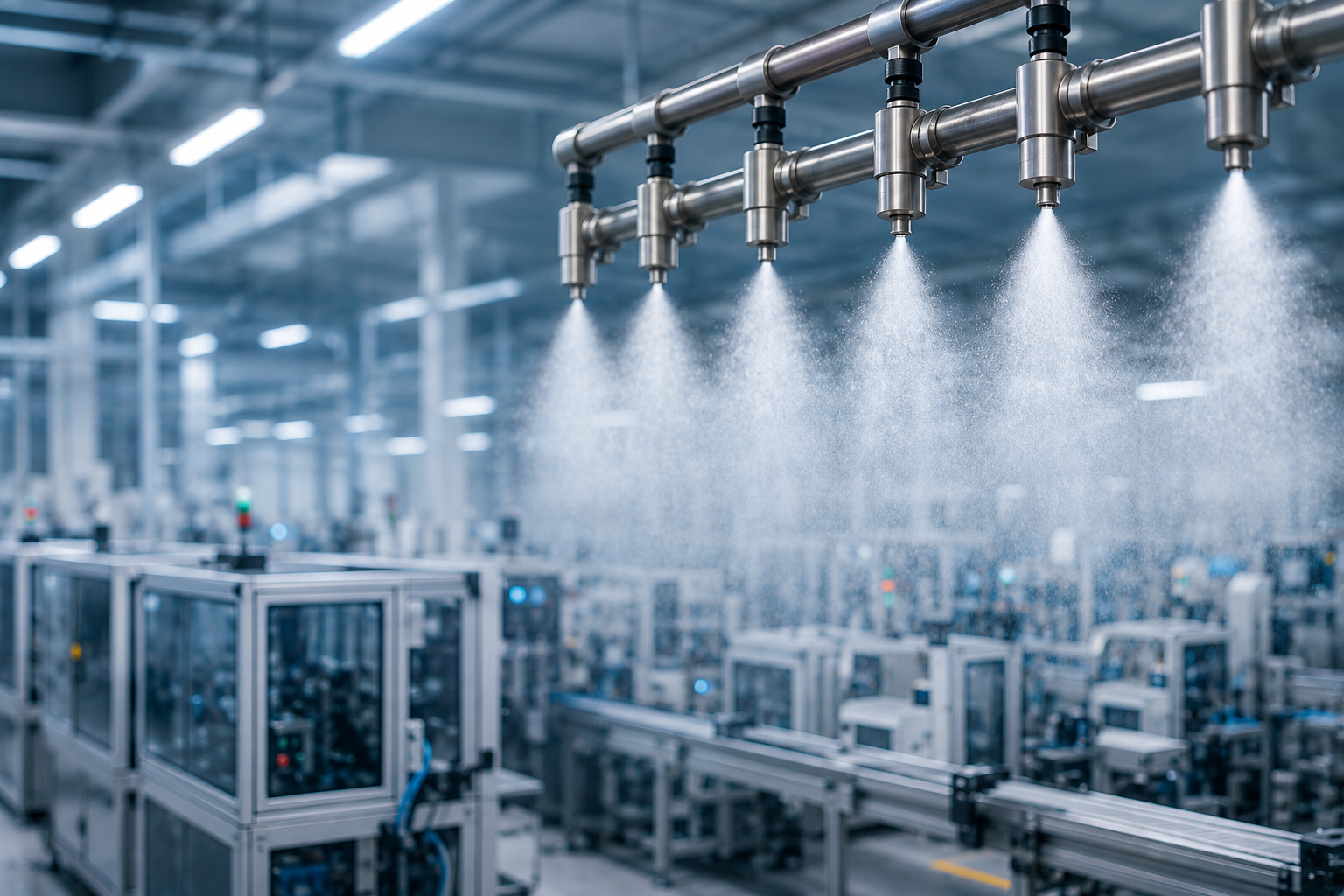 Insights Blog 6 Industrial dry fog humidification system operating inside a modern manufacturing facility, with stainless steel spray nozzles releasing a fine, self-evaporating mist above automated production equipment. The environment is clean, brightly lit, and designed for precise humidity control without surface wetting.