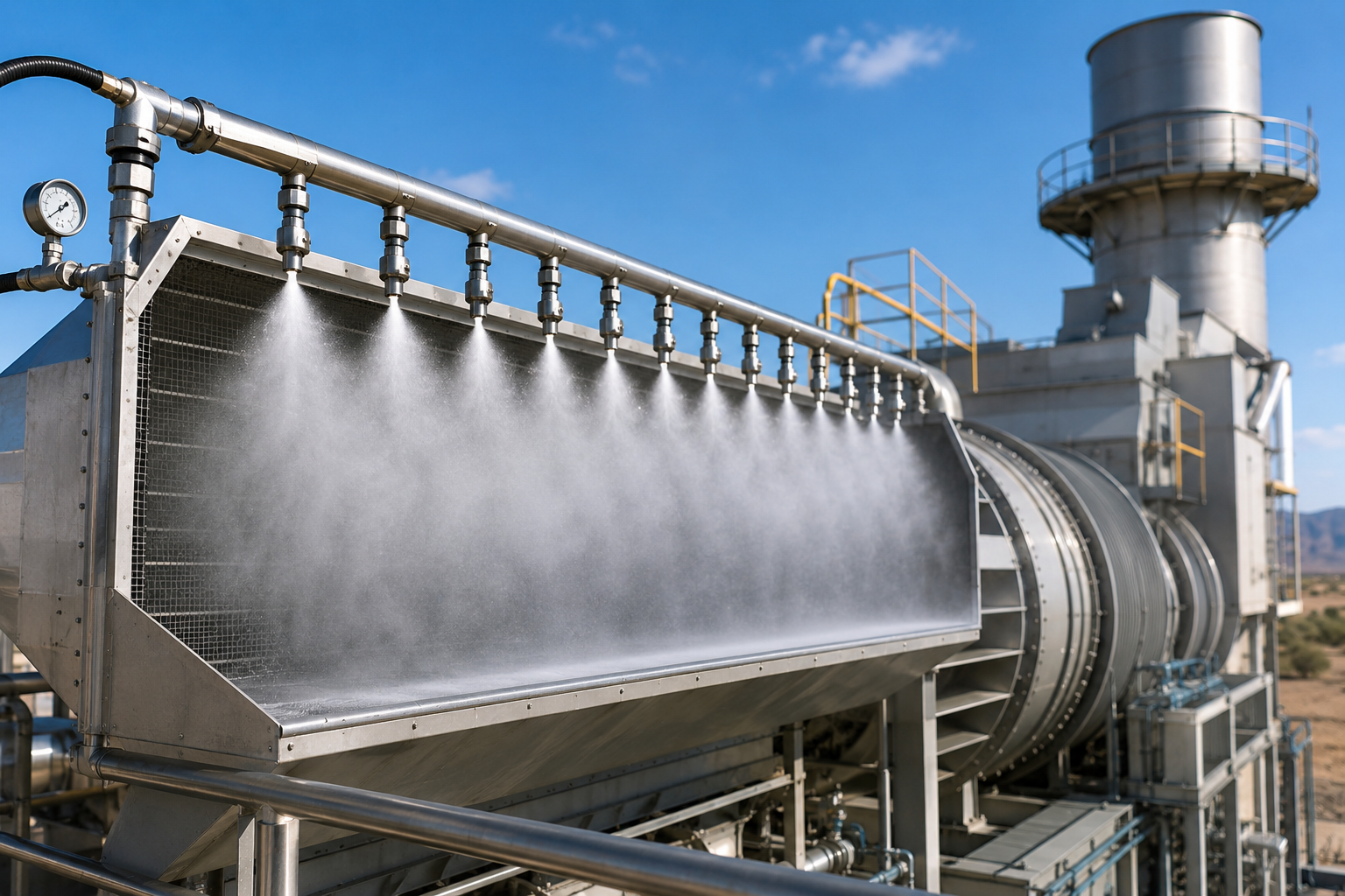 Insights Blog 8 Gas turbine inlet fogging system installed at an industrial power generation facility, featuring a row of high-pressure spray nozzles releasing a fine cooling mist across a large turbine air intake structure. Stainless steel piping, turbine equipment, and plant infrastructure are visible under clear daylight conditions.