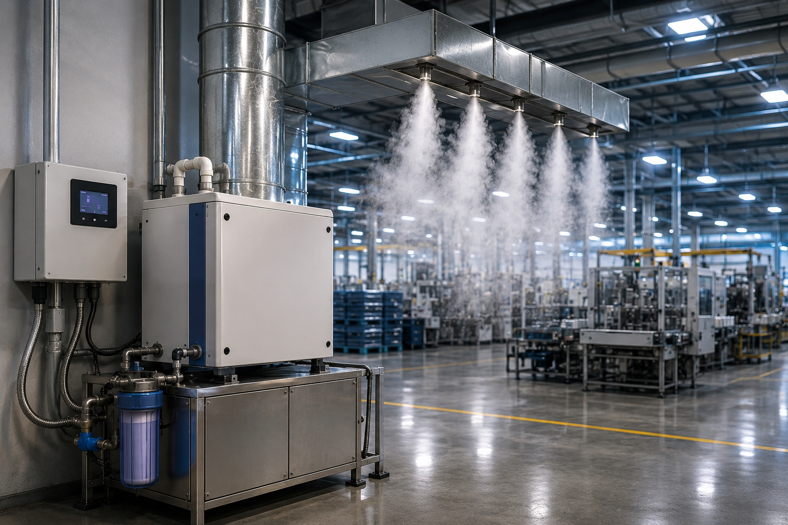 Insights Blog 3 A modern industrial manufacturing facility with a centralized humidification system releasing fine mist through overhead ductwork to maintain precise humidity levels for production processes and environmental control.