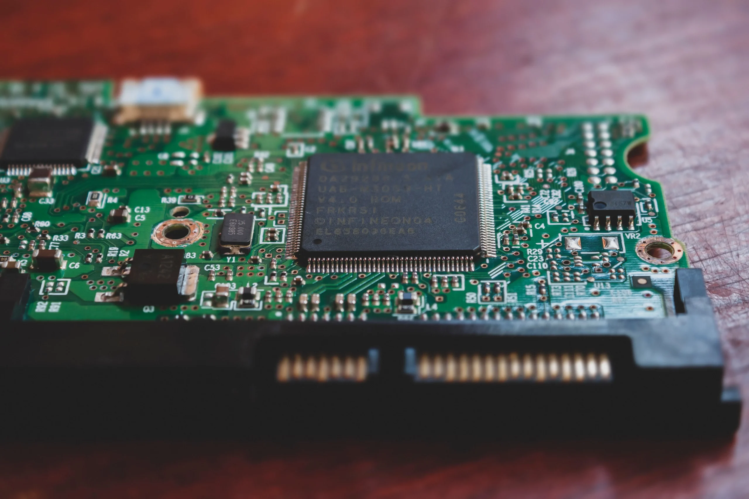 Insights Blog 7 Close-up of an electronic circuit board and microchip, highlighting the sensitive semiconductor components that require protection from electrostatic discharge (ESD).
