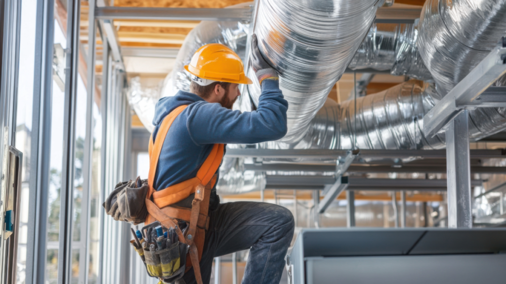 Technician working on commercial ductwork, illustrating the duct systems in-duct humidifiers connect to.