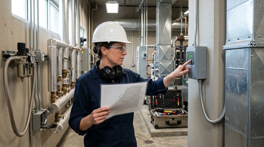 A technician in a hard hat and safety gear holds a printed chart while adjusting a wall-mounted control panel in an industrial mechanical room filled with piping and ductwork.
