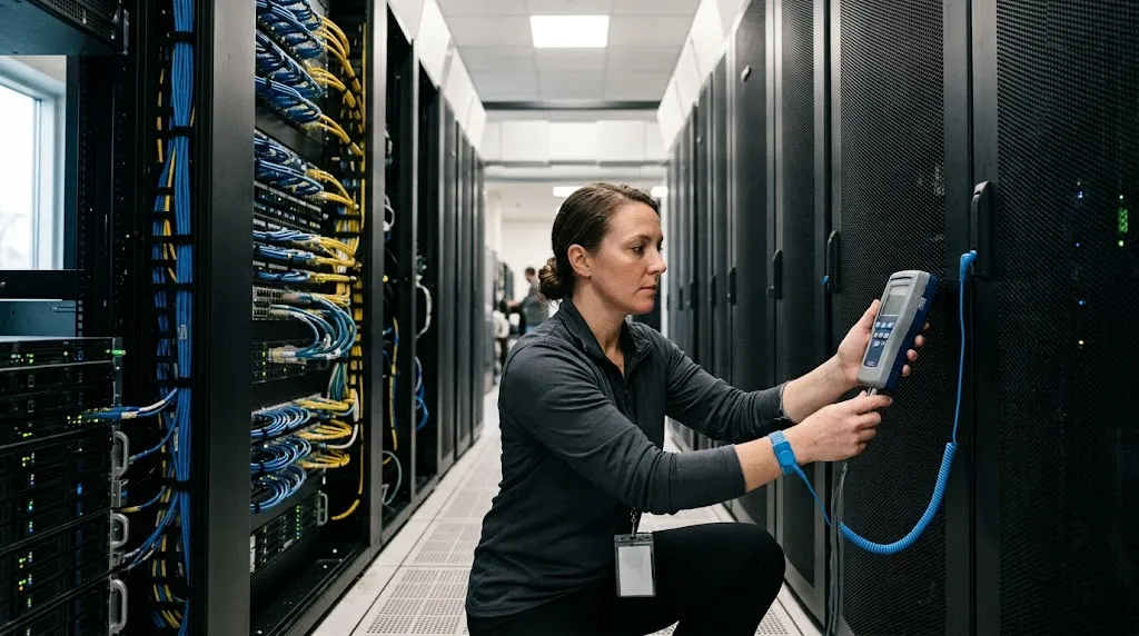 A data center technician wearing an ESD grounding wrist strap uses a handheld diagnostic device on server rack equipment in a data hall aisle lined with cabling and racks.